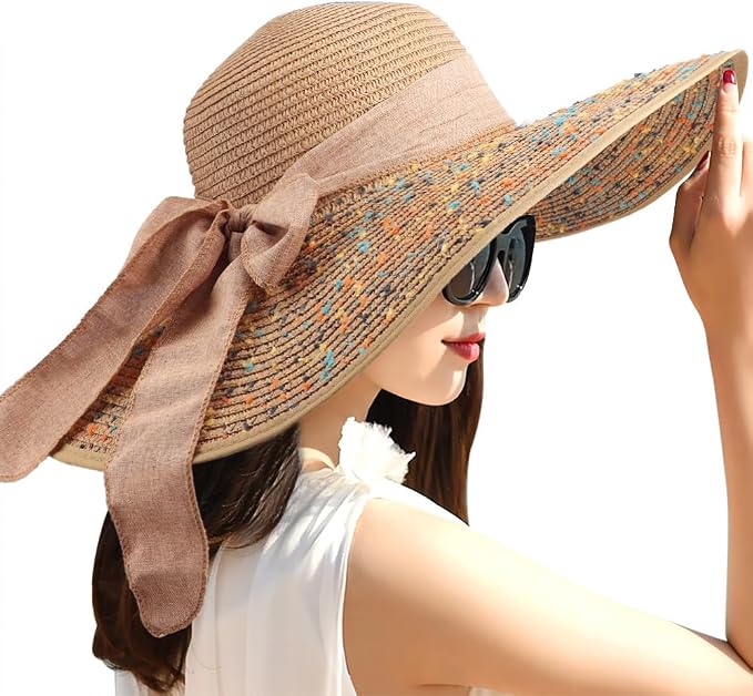 DRESHOW Beach Hats for Women Big Straw Wide Brim Summer Hat Floppy Foldable by DRESHOW