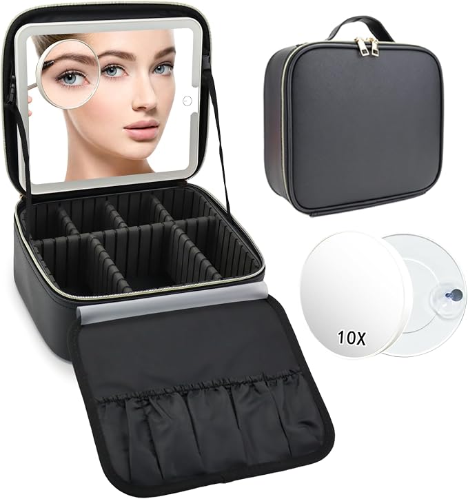 Travel Makeup Bag with LED Mirror and 10x magnifying glass with 3 Lighted - Image 9