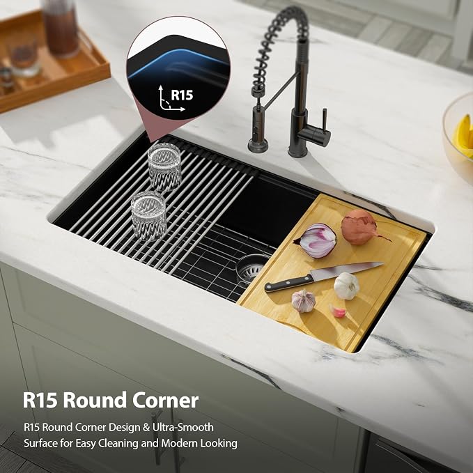 Dcolora 33 inches Granite Composite Kitchen Sink Workstation Black Undermount - Image 8