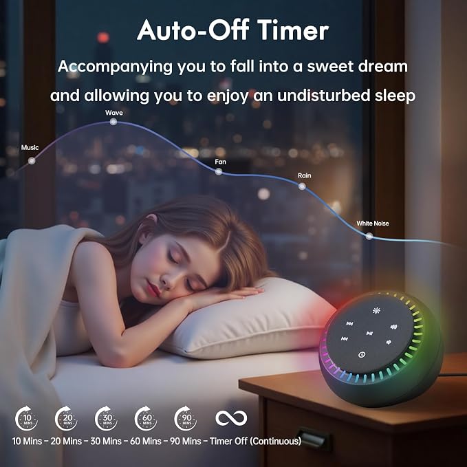 DreamSky Sound Machine for Sleep, 26 Sounds & RGB Night Light, USB-C Powered - Image 3