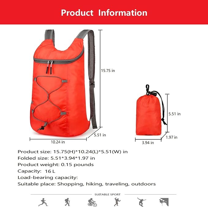 16L Hiking Daypack Lightweight Foldable Travel Backpack Water Repellent Camping - Image 7