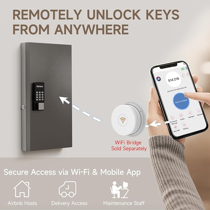WeHere 48 Key Lock Box Wall Mount, APP Bluetooth/OTP/Wi-Fi/Fixed Code/Key Unlock - Image 5