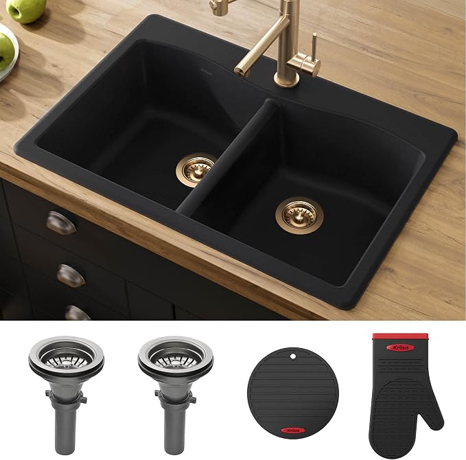 KRAUS Forteza 33-inch Drop in/Undermount 50/50 Double Bowl Granite Kitchen Sink - Image 2