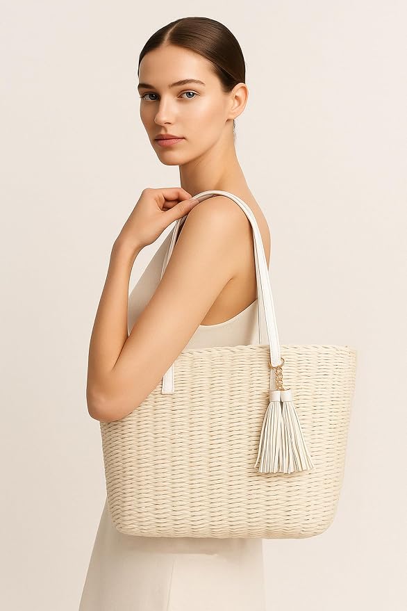 YXILEE Straw Bags For Women | M Size Travel Straw Totes Bag Woven Summer - Image 3