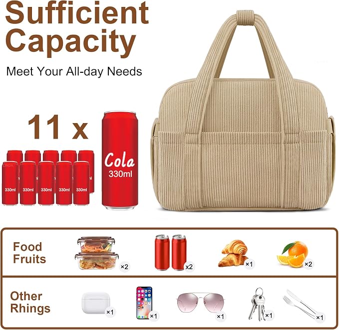 Corduroy Lunch Box Lunch Bag for Women Men, Cute Strawberry Small Insulated - Image 2
