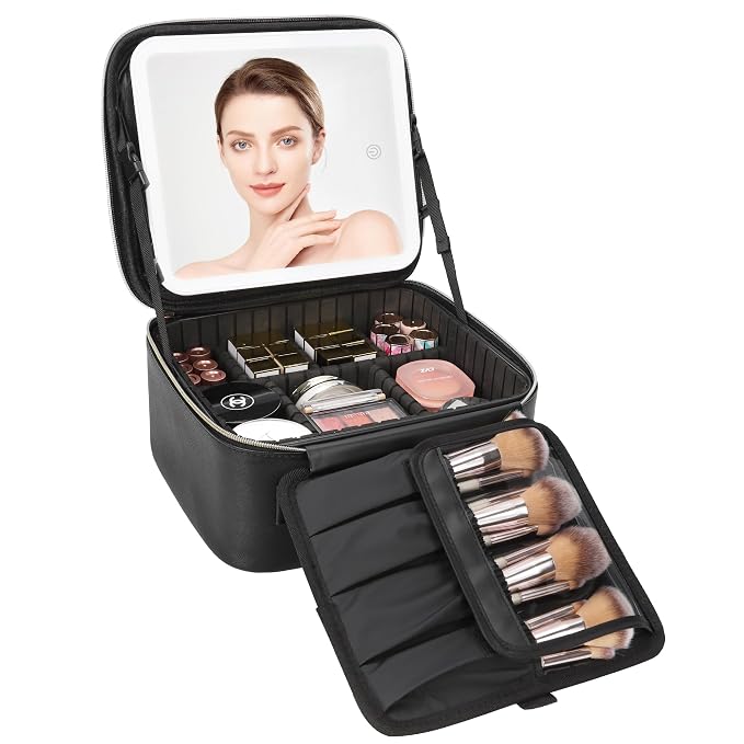 Relavel Travel Makeup Bag With LED Mirror, Cosmetic Train Case with Light up by Relavel