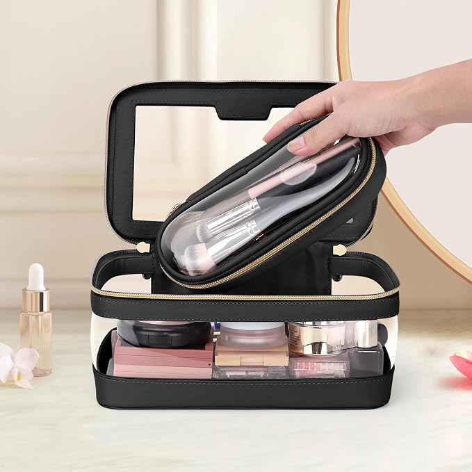 Travel Clear Makeup Bag with Makeup Brush Bag, Leather Makeup Case Toiletry Bag - Image 7