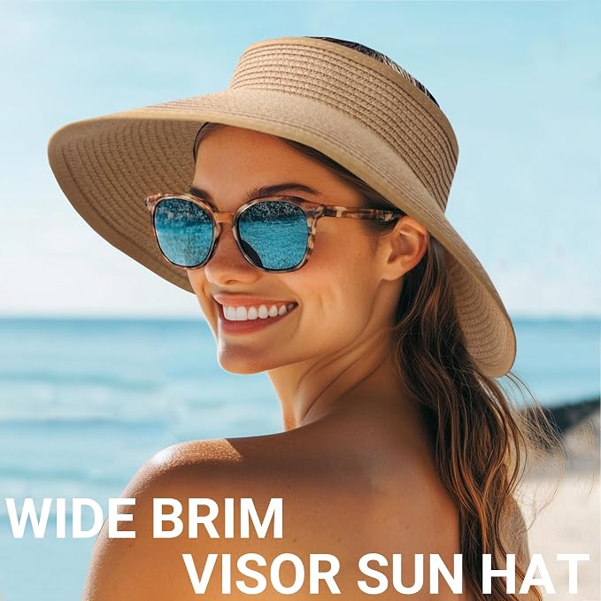 PFFY Sun Hats for Women Straw Beach Hat Packable Foldable Wide Brim Ponytail - Image 4