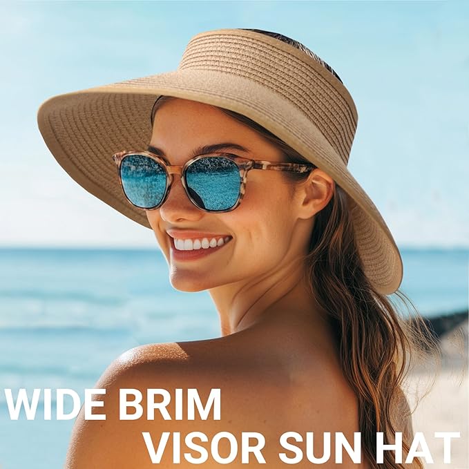 PFFY Sun Hats for Women Straw Beach Hat Packable Foldable Wide Brim Ponytail - Image 4