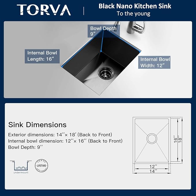 TORVA Bar Sink, TORVA 14 x 18 Inch Undermount Kitchen Sink, Gloss Black PVD - Image 3