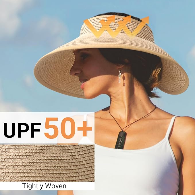 PFFY Sun Hats for Women Straw Beach Hat Packable Foldable Wide Brim Ponytail - Image 2