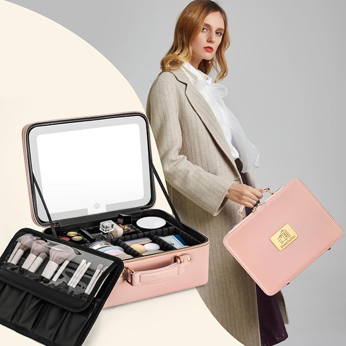 Makeup Bag with LED Mirror & Magnifier, Large Cosmetic Organizer Travel Makeup - Image 2