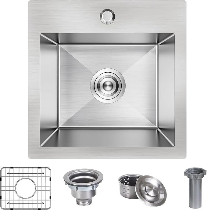 15 x 15 Inch Drop In Bar Sink, Small Kitchen Sink Single Bowl Topmount Bar Prep by Kadorer