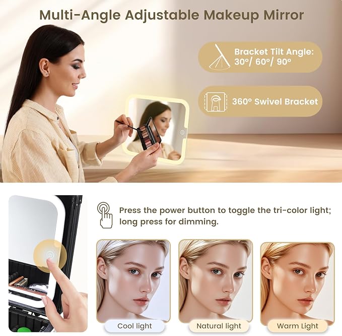 Makeup Case with Magnetic Lighted Mirror Makeup Organizer Box Travel Cosmetic - Image 7
