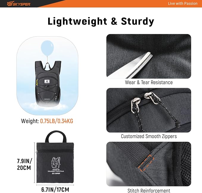 SKYSPER 15L/20L Foldable Hiking Backpack Lightweight Packable Travel Daypack - Image 3