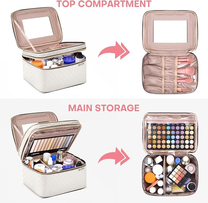 Large Makeup Bag with Mirror Double Layer Travel Make Up Organizer Case - Image 2