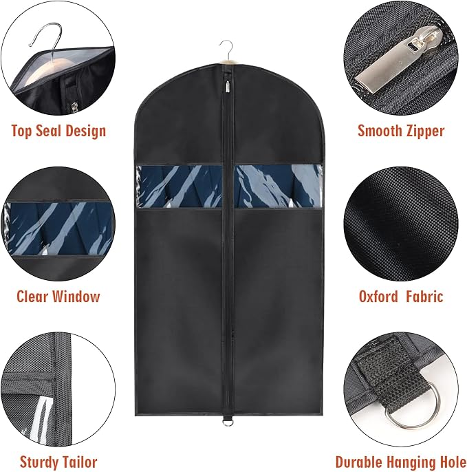 Univivi 8 Pack Suit Bags 43" Waterproof Black Garment Bag, Coat Covers from Dust - Image 3