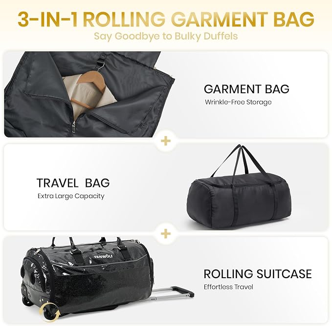 3-in-1 Rolling Garment Bags for Travel, Glitter Wheeled Carry-On Suit Luggage - Image 2