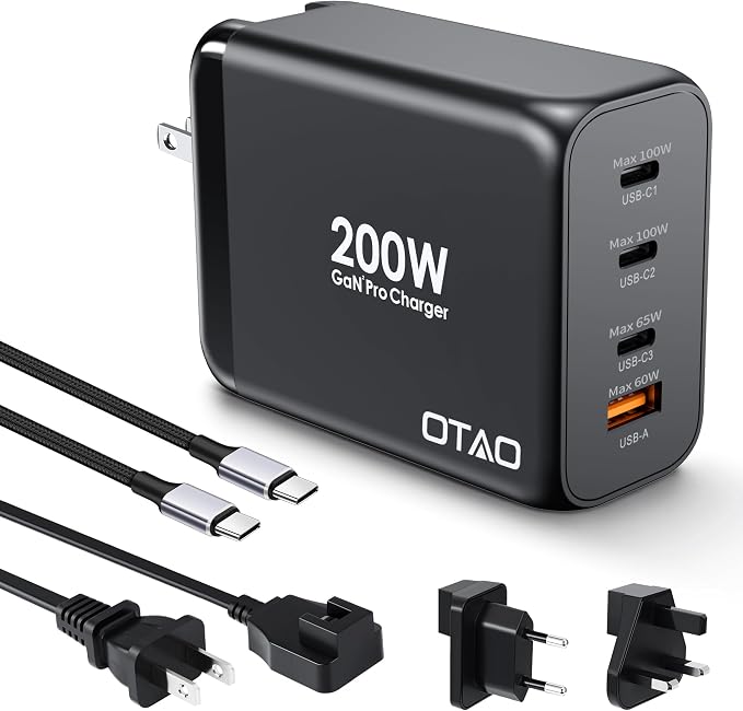200W USB C Charger Block, 4 Ports GaN Fast Charging Station Wall Charger by OTAO
