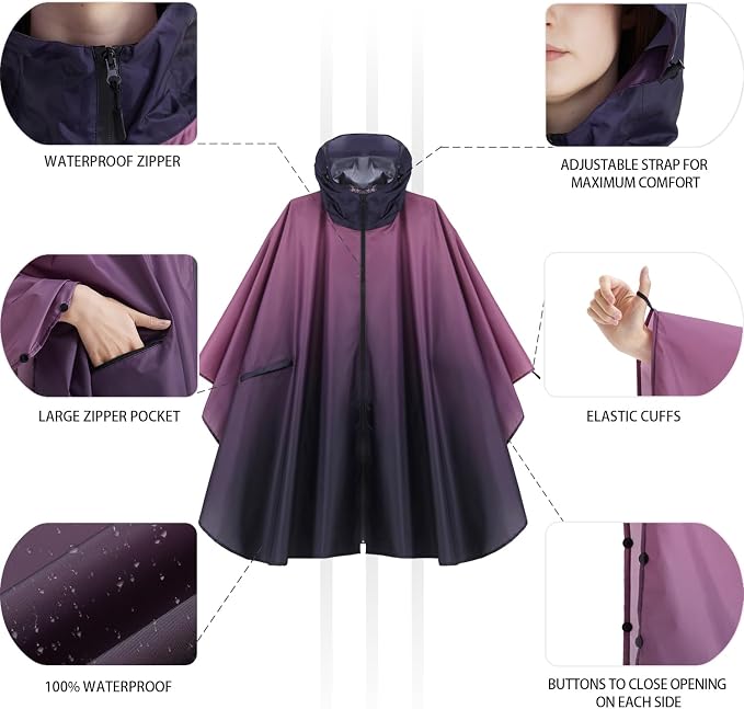 Rain Poncho Jacket Coat Hooded Zipper Style - Image 4