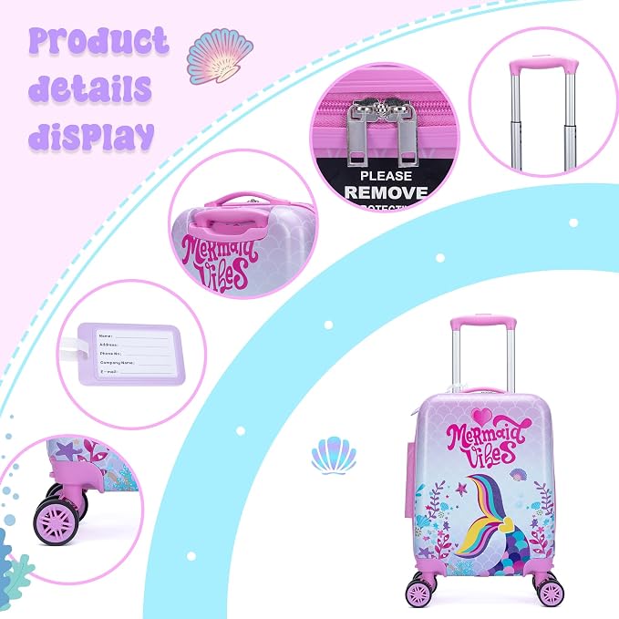 Cute Mermaid Kid’s Luggage Set 2 Piece Suitcase Set 16" Hardside Luggage - Image 3