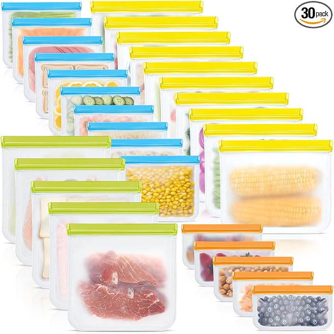 30 Pack Reusable Silicone Food Storage Bags, 4 Size Leak proof Dishwasher Safe by Unknown