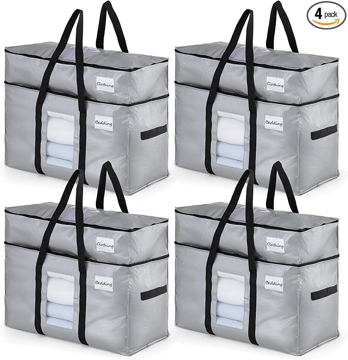 TAILI 2 Tier Extra Large Moving Bags, 4 Pack Silver Heavy Duty Totes by TAILI