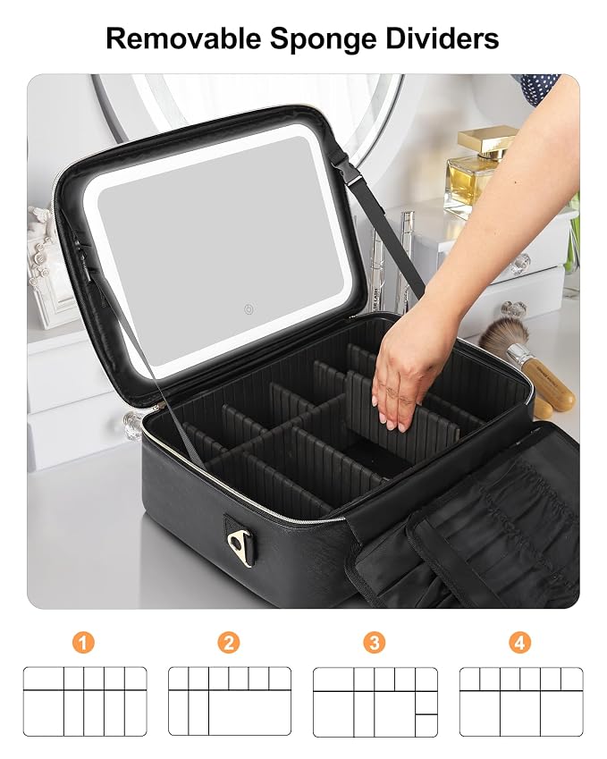 Relavel Travel Makeup Bag With LED Mirror, 16.2" Large Makeup Train Case - Image 3