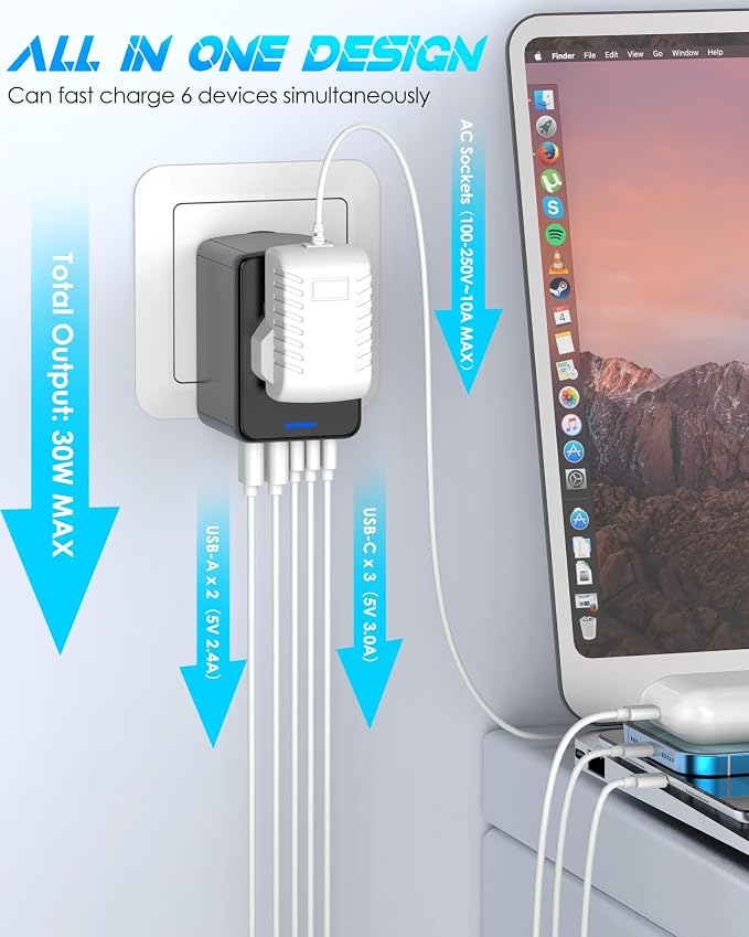Universal Travel Adapter, 6.0A 30W International Power Adapter, 5 USB C/A Ports - Image 2
