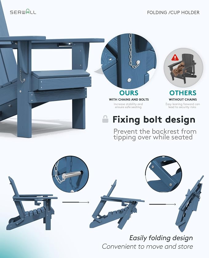 SERWALL Folding Adirondack Chair, HDPE Adirondack Chairs Set of 8, Plastic - Image 7