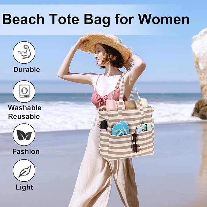 LEDAOU Large Beach Tote Bag Women Waterproof Sandproof Zipper Beach Tote Bag - Image 5