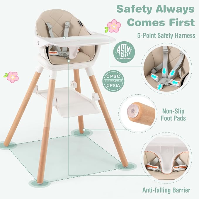 BABY JOY High Chair, 6 in 1 Convertible Wooden Highchair - Image 5