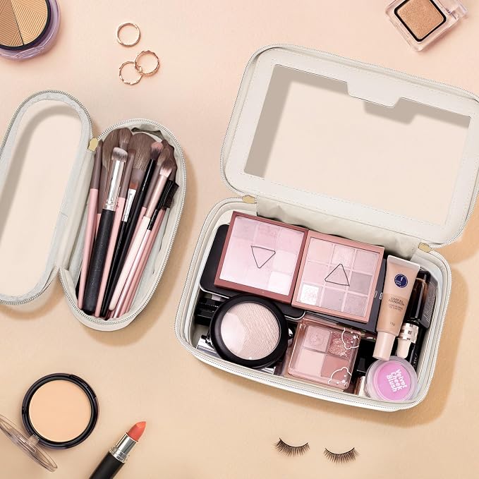 Travel Clear Makeup Bag with Makeup Brush Bag, Leather Make up Case Toiletry Bag - Image 2