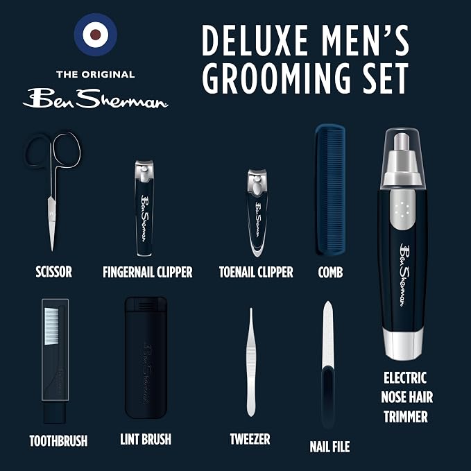 Ben Sherman Nail Clipper Set for Men, Nose Hair Trimmer, Tooth Brush, Scissors - Image 7