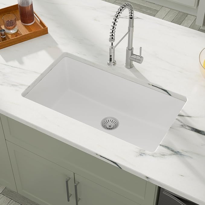 Dcolora 33" Quartz Granite Composite White Kitchen Sink Undermount Sink Deep - Image 7