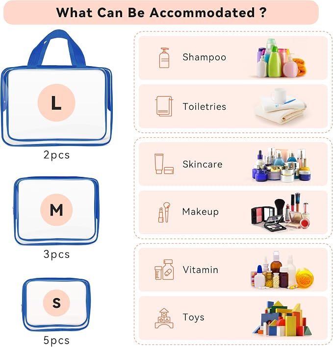 TISRATOK 10 PCS Clear Travel Makeup Toiletry Bag, Plastic PVC Cosmetic TSA - Image 3