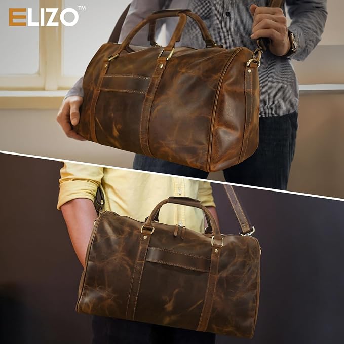 ELIZO Leather Duffle Bag For Men Women REAL FULL GRAIN Travel Overnight - Image 5
