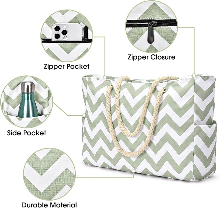 Becokan Beach Bags for Women Large Waterproof Beach Tote Bag Zipper Beach Bags - Image 2
