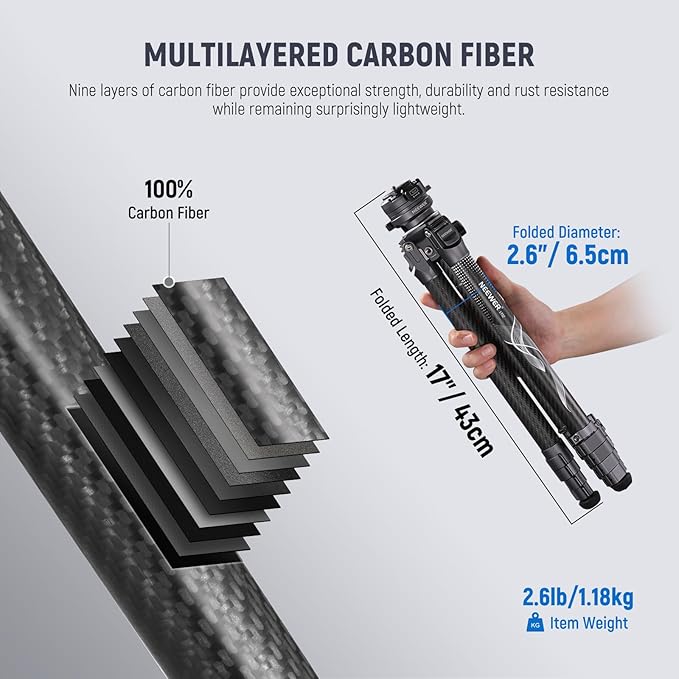 NEEWER LITETRIP LT32 Camera Travel Tripod, Carbon Fiber Portable Stand - Image 3