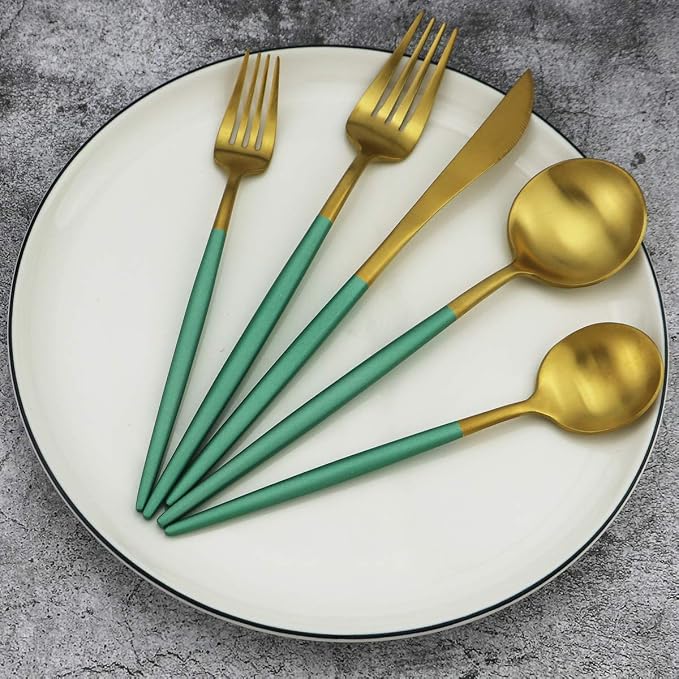 Green Handle Matte Gold Silverware, Gugrida 5-Piece 18/10 Stainless Steel - Image 4