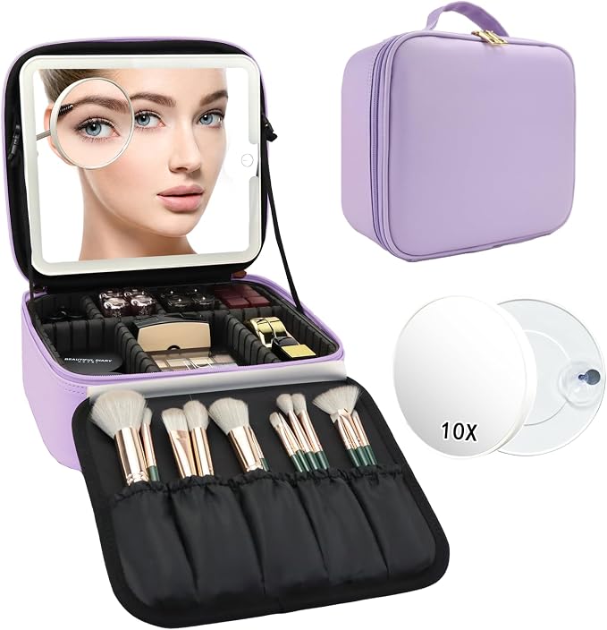 Travel Makeup Bag with LED Mirror and 10x magnifying glass with 3 Lighted by Unknown