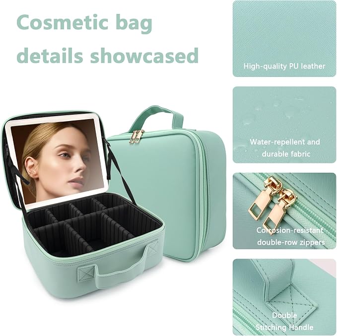 Travel Makeup Bag with LED Lighted Mirror, Travel Makeup Organizer, 3 Color - Image 6