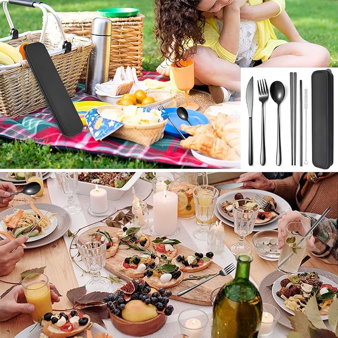 AARAINBOW 6 Pieces 18/8 Stainless Steel Flatware Set Portable Reusable Cutlery - Image 4