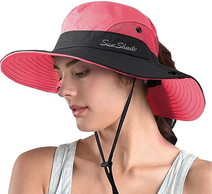 ZOORON Women's Ponytail Safari Sun Hat, Wide Brim UV Protection Outdoor Bucket by ZOORON