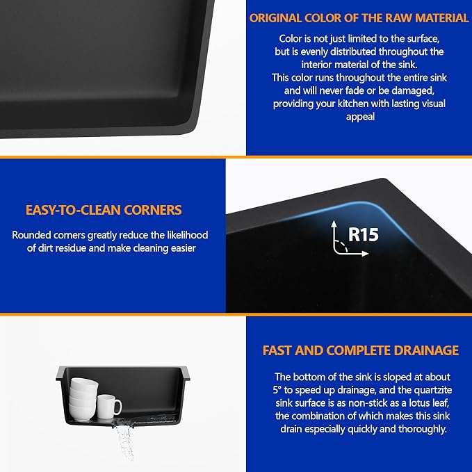Dcolora 15 Inch Granite Composite Black Bar Sink Undermount Small Kitchen Sink - Image 4