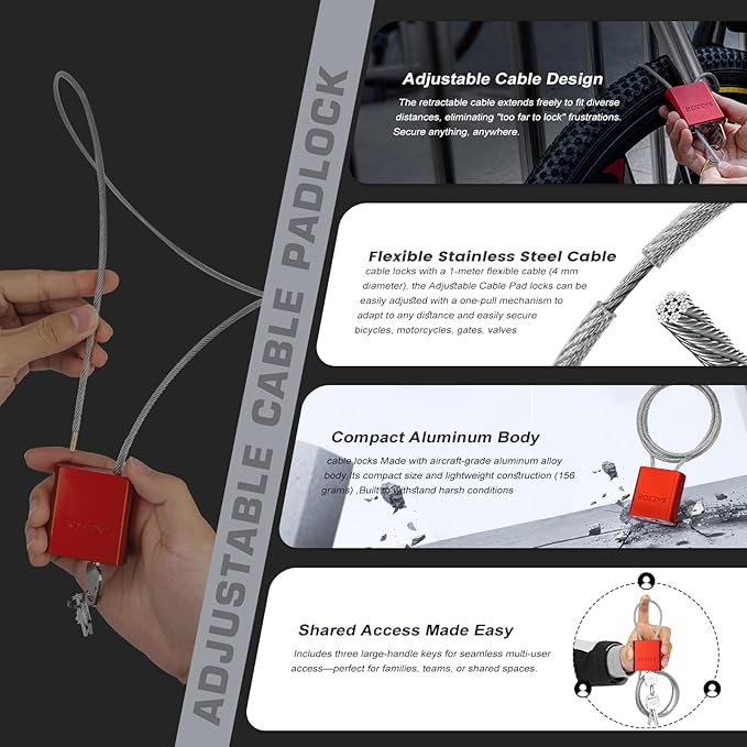 Adjustable Cable Padlock with 3 Keys | 1.15ft L x 1/6in D Aluminum Steel Cable - Image 3