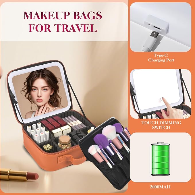 Travel Makeup Bag With LED Mirror, Makeup Travel Train Case with 3 Color Setting - Image 4