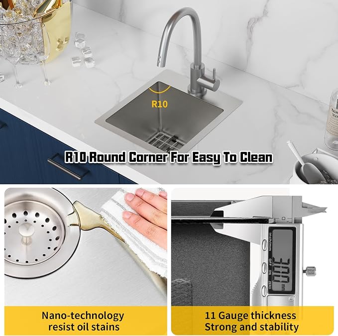 Small Kitchen Sink, 13x15 Inch Bar Sink Stainless Steel Drop In Small Kitchen - Image 4