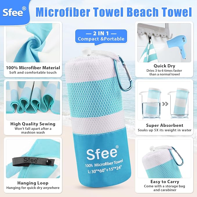 Sfee 2 in 1 Microfiber Beach Towel, Quick Dry Towel Camping Towel Travel Towel - Image 2