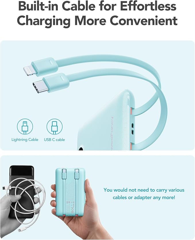 Mini Portable Charger with Built-in Cables 22.5W Fast Charging Power Bank USB-C - Image 4